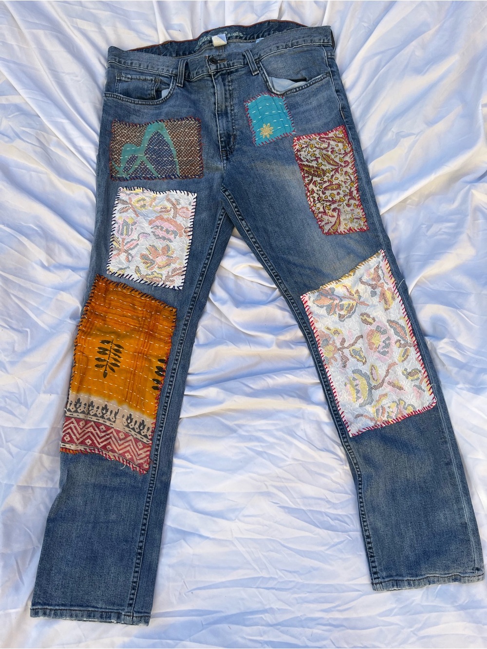 Eddie Bauer OOAK Reworked Patchwork Straight Jeans Boho Kantha Festival